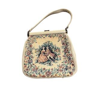 Vintage Antique Tapestry Handbag Floral Romantic Scene Top Handle Bag Multicolor